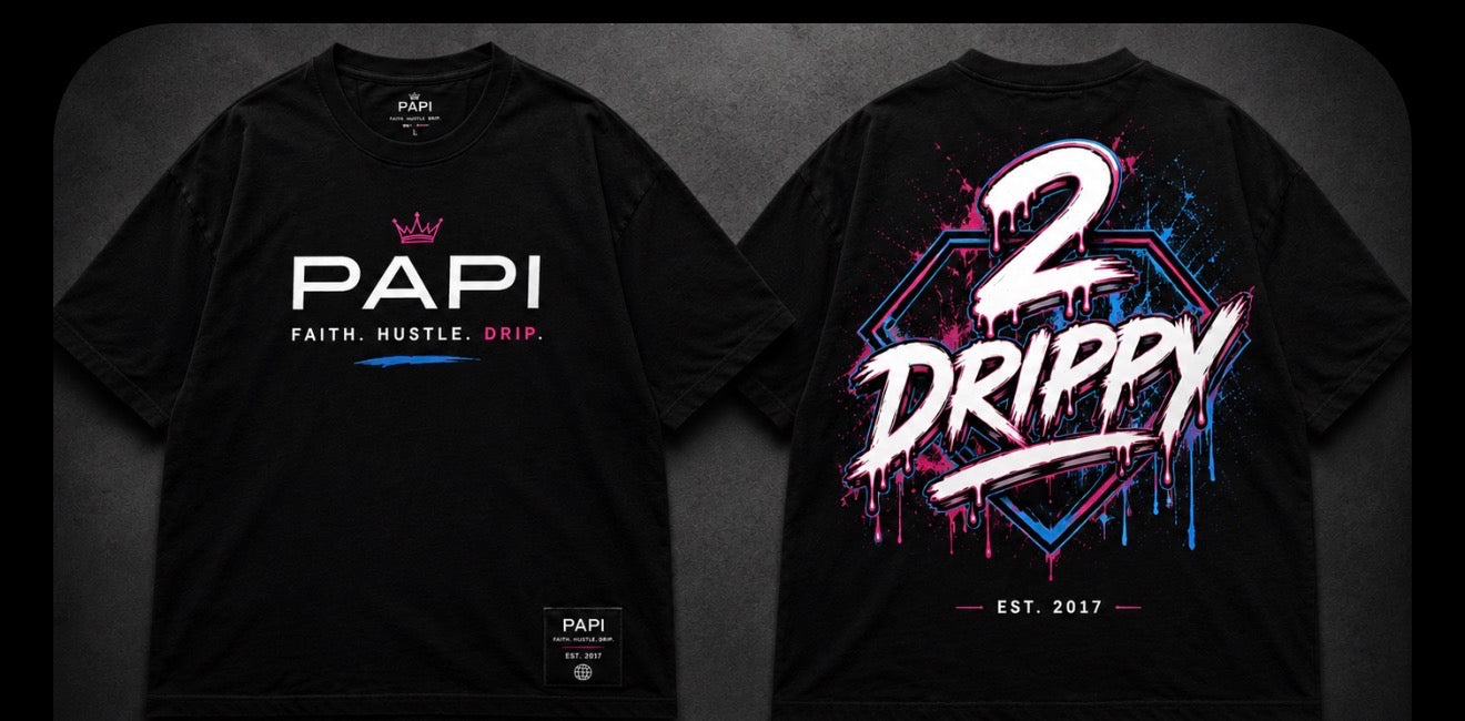 Black short-sleeve t-shirt shown from both front and back. Front has white PAPI logo with a small pink crown and the words 'FAITH.